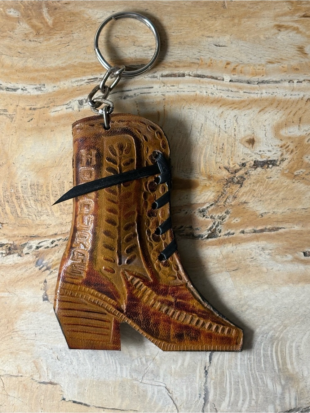 Hand Crafted Tooled Leather Laced Boot Keychain